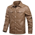 Men's brown faux leather motorcycle jacket with lapel collar and chest pockets - M / Yellow