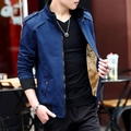 Men's slim fit dark blue cotton jacket with warm khaki fleece lining and stand collar - M / Navy Blue (Fleece Lined)