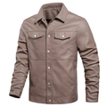 Men's tan PU leather biker jacket with lapel collar and chest flap pockets - M / Camel