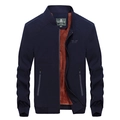 Men's navy blue stand collar jacket with warm brown sherpa lining and zip pockets - M / Fleece Royal Blue
