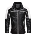 Men's black and white faux leather biker jacket with quilted stitching and zip pockets - M / Single Layer / Black