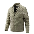 Men's lightweight olive green quilted jacket with stand collar and classic diamond pattern - M / Khaki
