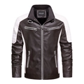 Men's dark brown faux leather biker jacket with white contrast shoulder stitching - M / Single Layer / Coffee