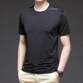 Men's black ice silk short sleeve T-shirt with white shoulder stripes and high elasticity - M / Black (5868039)