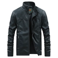 Men's solid black PU leather biker jacket with stand collar and zipper pockets - M / Black