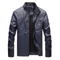Men's navy blue PU leather jacket with stand collar and zipper pockets in casual style - M / Dark Blue