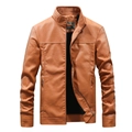 Men's brown stand collar PU leather biker jacket with fleece lining and zipper pockets - M / Yellow