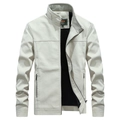 Men's ivory stand collar PU leather jacket with full-length zipper and side pockets - M / White