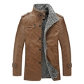 Chaqueta de cuero marrón oscuro para hombre con forro polar gris grueso de invierno - M / Caqui