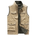 Men's double-sided cotton vest in khaki with utility pockets and a stand collar - Khaki