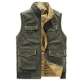 Men's reversible cotton cargo vest in army green with multi-pockets and stand collar - Army Green