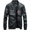 Men's retro black PU leather bomber jacket with vintage patches and ribbed stand collar - M / Dark Green