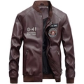Herren Vintage PU-Lederjacke in Weinrot mit Stickereien und Stehkragen im College-Stil - M / Burgunderrot