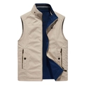 Men's reversible stand collar vest in beige and navy blue with adventure embroidery - M / Off-white
