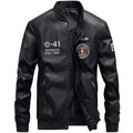 Herren PU Lederjacke in Schwarz mit Militär-Stickerei und geripptem Stehkragen - M / Schwarz