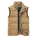 Men's khaki corduroy puffer vest with fleece lining and stand collar for winter - S / Khaki