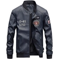 Herren PU-Leder Bomberjacke in Dunkelblau mit Vintage-Patches und Stehkragen-Stil - M / Königsblau