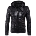Chaqueta de cuero negra para hombre con capucha y cuatro bolsillos frontales de solapa - M / Negro