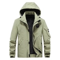 Olive green fleece-lined military cargo jacket with hood and multiple zip pockets - M / Khaki