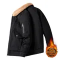 Ανδρικό μαύρο μπουφάν εργασίας με επένδυση fleece, γιακά από μαλλί αρνιού και τσέπη πιλότου - 2XL / Μαύρο