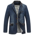 Herren Freizeit-Jeans-Sakko in Dunkelblau mit Lederbesatz und Paisley-Futter - M / Denim-Blau