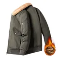Ανδρικό τζάκετ bomber σε λαδί χρώμα με παχύ γιακά από δέρμα προβάτου και ζεστή επένδυση fleece - 2XL / Πράσινο