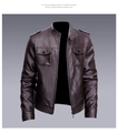 Men's brown faux leather motorcycle jacket with stand collar and shoulder epaulettes - M / Brown