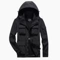 Men's black multi-pocket waterproof outdoor jacket with hood and breathable mesh lining - M / Black