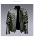 Men's olive green motor jacket with stand collar and double flap pockets style - M / Green