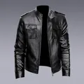 Men's black faux leather biker jacket with stand collar and buttoned epaulets - M / Black