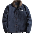 Men's navy blue winter pilot jacket with a warm brown faux shearling collar and ARMY print - M / Dark Blue