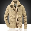 Men's khaki winter cargo jacket with warm fleece collar and embroidery on a dark background - M / Khaki