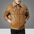 Chaqueta de cuero PU marrón para hombre con cuello de felpa y bolsillos en el pecho - M / Caqui