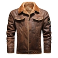 Men's brown faux leather jacket with warm fleece lining and military star arm patches - Brown