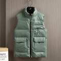 Men's sage green quilted down vest with stand collar and zipper pockets for winter - M / Green