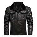 Men's black faux leather shearling jacket with plush collar and aviator patches - Black