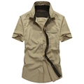 Camicia uomo a maniche corte kaki in cotone con tasca sul petto e colletto a punta - M / Cachi