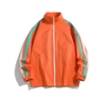 Men's loose casual orange stand-collar jacket with contrast stripe sleeves and drawstring - M / Orange