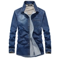 Classic men's long sleeve denim shirt in dark blue with vintage washed finish and pocket - S / Denim Blue