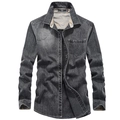 Camicia di jeans grigio scuro da uomo, maniche lunghe, lavaggio vintage e taschino - S / Grigio
