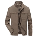 Men's khaki brown military style jacket with stand collar and vintage printed lining - M / Khaki