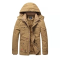 Men's khaki winter parka jacket with thick faux fur lining and hooded cotton canvas - M / Khaki