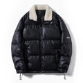 Chaqueta de cuero PU para hombre con cuello de piel blanca y diseño acolchado cálido - M / Negro