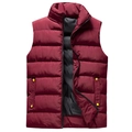 Men's puffy winter vest in dark red featuring a stand collar and black zipper - M / Burgundy