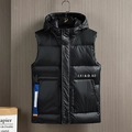 Men's black hooded puffer vest with shiny finish and printed logo for winter fashion - M / Black