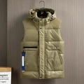 Mens hooded quilted warm vest in olive green with drawstring hood and utility strap - M / Khaki