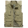 Army green multi-pocket outdoor vest with stand collar and breathable mesh lining - M / Khaki