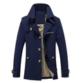 Men's navy blue business casual windbreaker jacket with marble buttons and plaid lining - M / Dark Blue