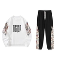 Men's white cotton sweatshirt and black joggers set with colorful cartoon bear prints - M / White