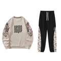 Men's casual waffel sweatshirt and black joggers set with cartoon bear patchwork pattern - M / Apricot